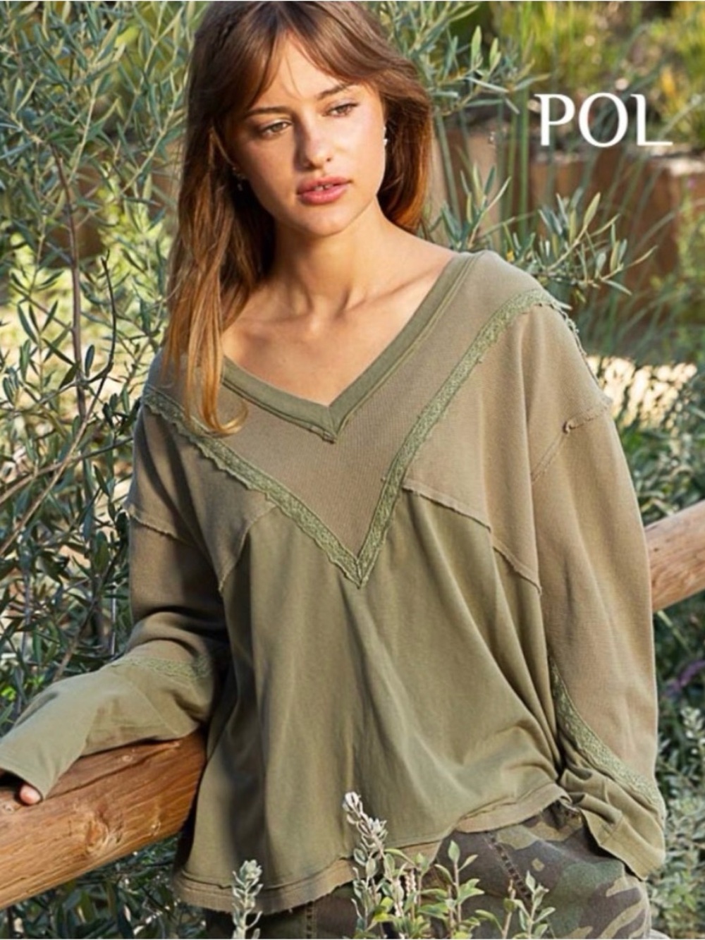 POL Olive V-Neck Long-Sleeve Lace Trim Sweatshirt